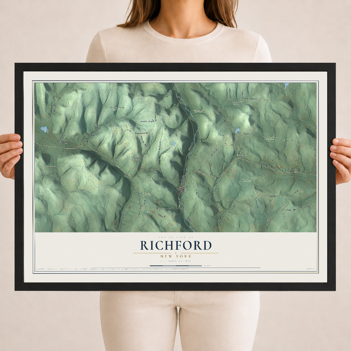 Richford, New York map print, 18" x 24" W/ Black Ayous Wood Frame mockup