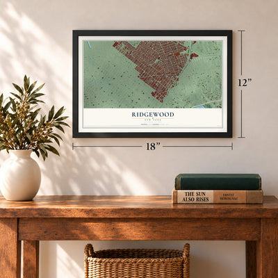 Ridgewood, New York map, 12 x 18 inch print in a black frame in an entryway