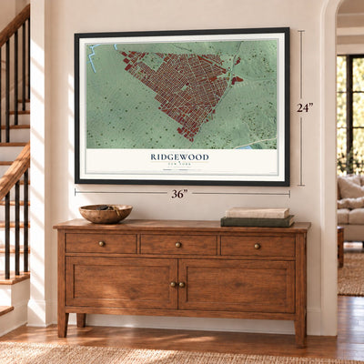 Ridgewood, New York map, 24 x 36 inch print in a black frame above a dresser by a staircase
