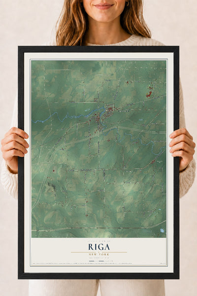 Riga, New York map print, 18" x 24" W/ Black Ayous Wood Frame mockup