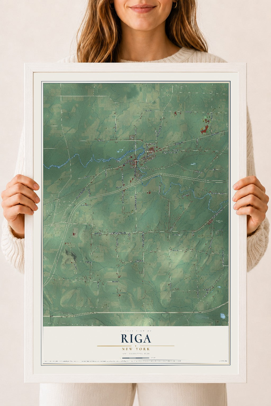 Riga, New York map print, 18" x 24" W/ White Ayous Wood Frame mockup