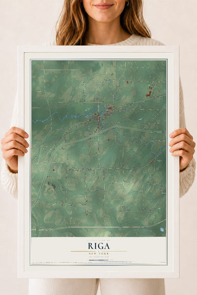 Riga, New York map print, 18" x 24" W/ White Ayous Wood Frame mockup