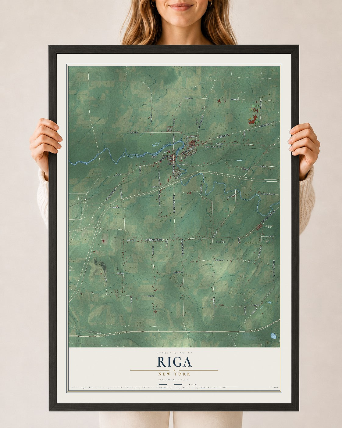 Riga, New York map print, 24" x 36" W/ Black Ayous Wood Frame mockup