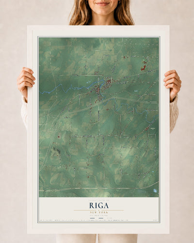 Riga, New York map print, 24" x 36" W/ White Ayous Wood Frame mockup