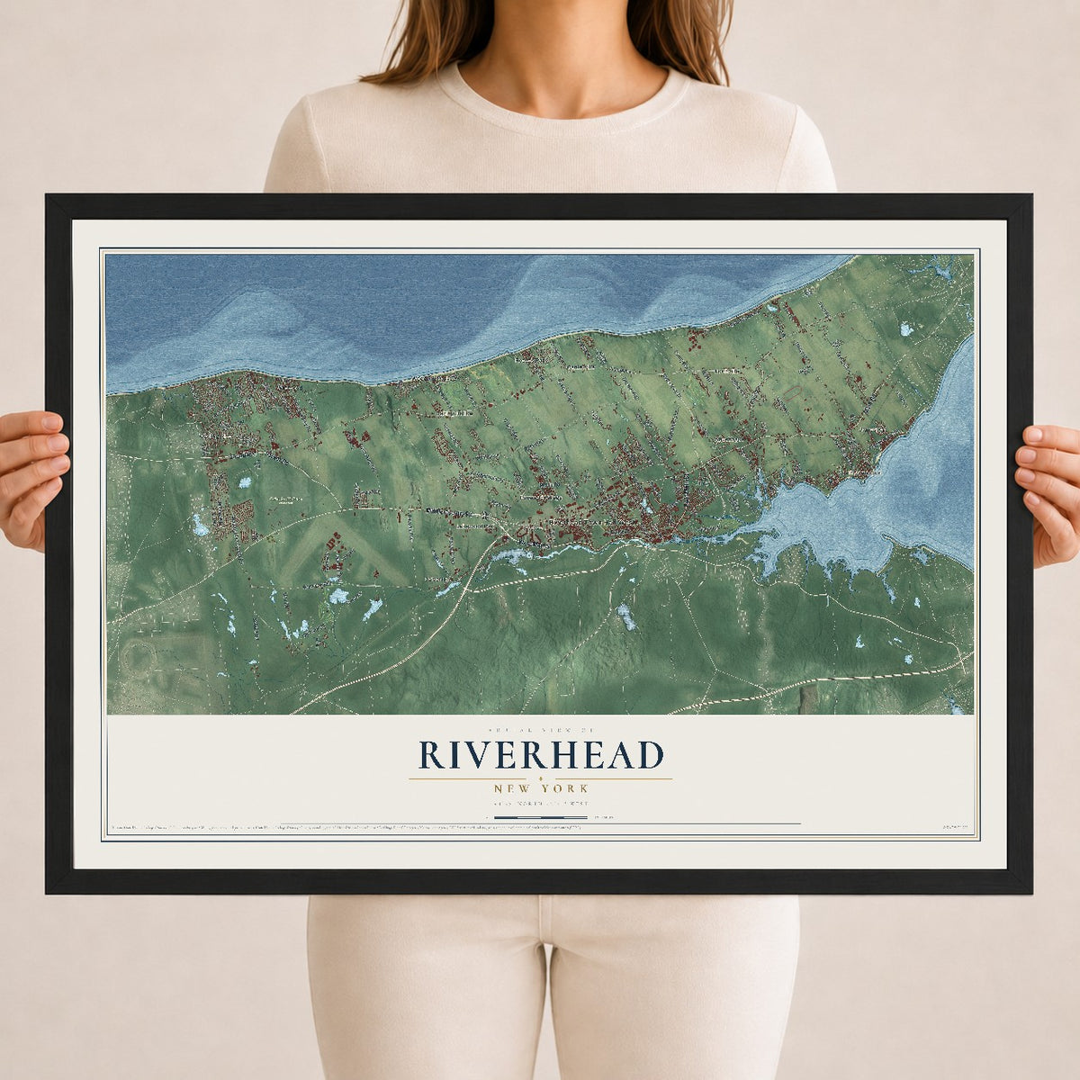 Riverhead, New York map print, 18" x 24" W/ Black Ayous Wood Frame mockup