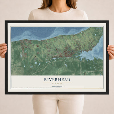 Riverhead, New York map print, 18" x 24" W/ Black Ayous Wood Frame mockup