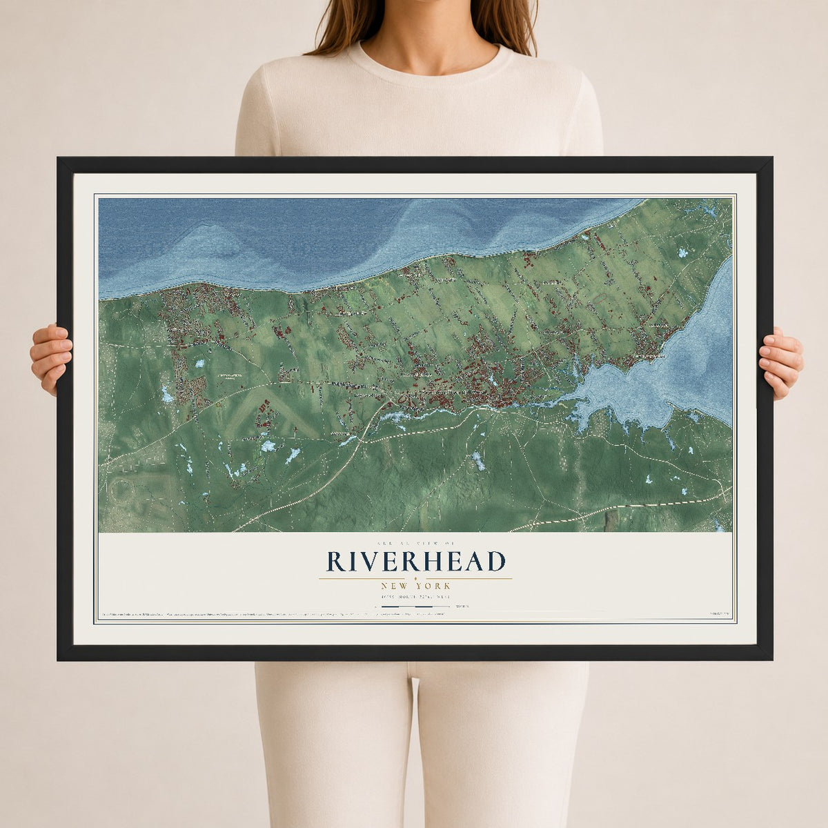 Riverhead, New York map print, 24" x 36" W/ Black Ayous Wood Frame mockup