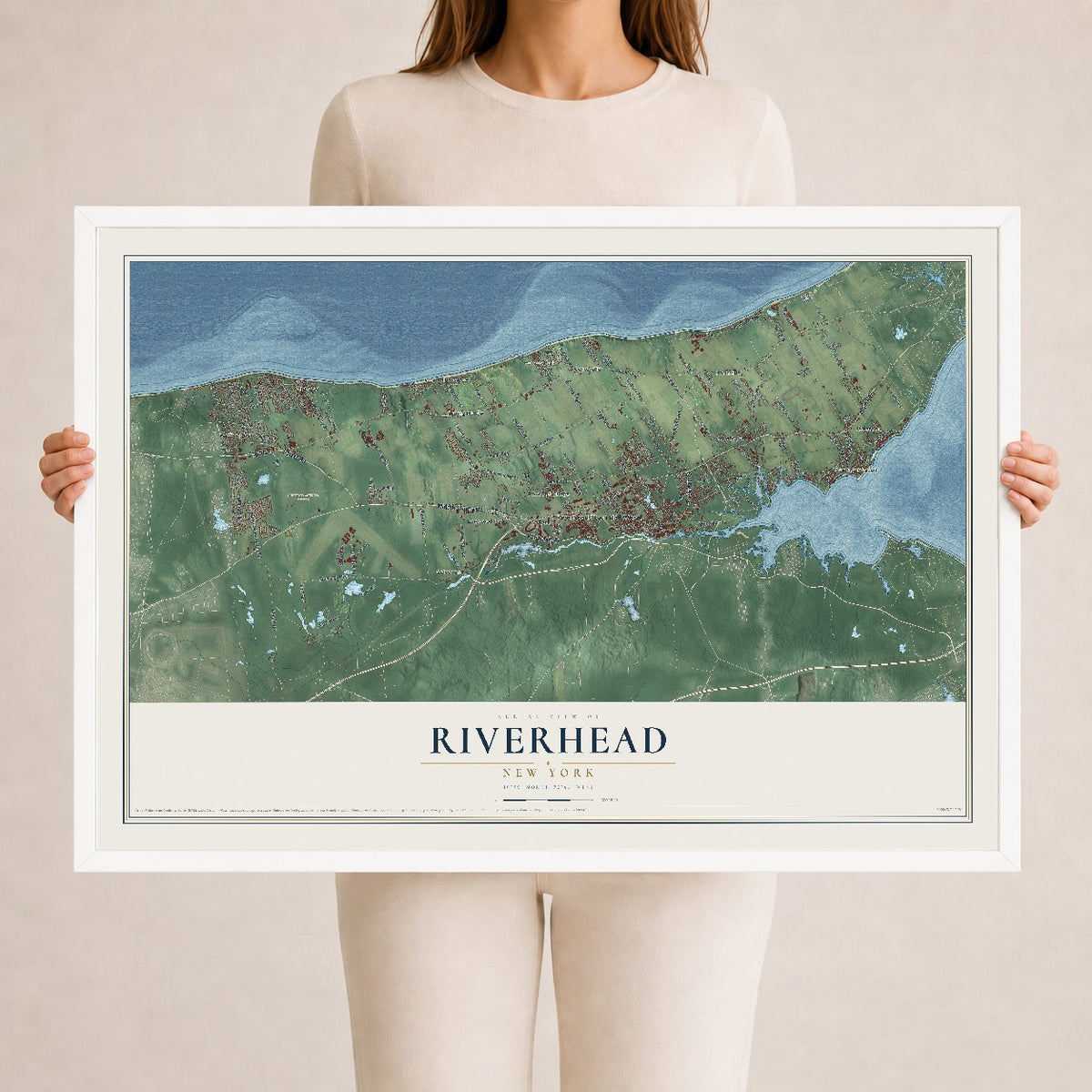 Riverhead, New York map print, 24" x 36" W/ White Ayous Wood Frame mockup