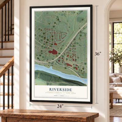 Riverside, New York map, 24 x 36 inch print in a black frame by a staircase