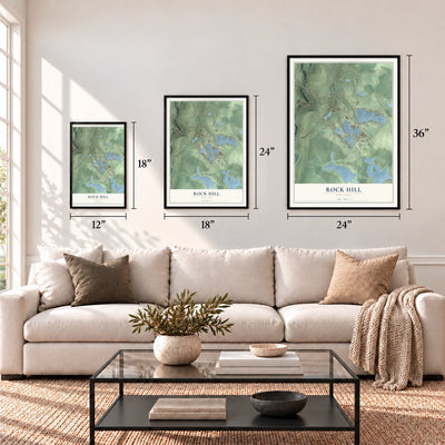 Rock Hill, New York map in 12 x 18, 18 x 24 and 24 x 36 inch sizes above a sofa