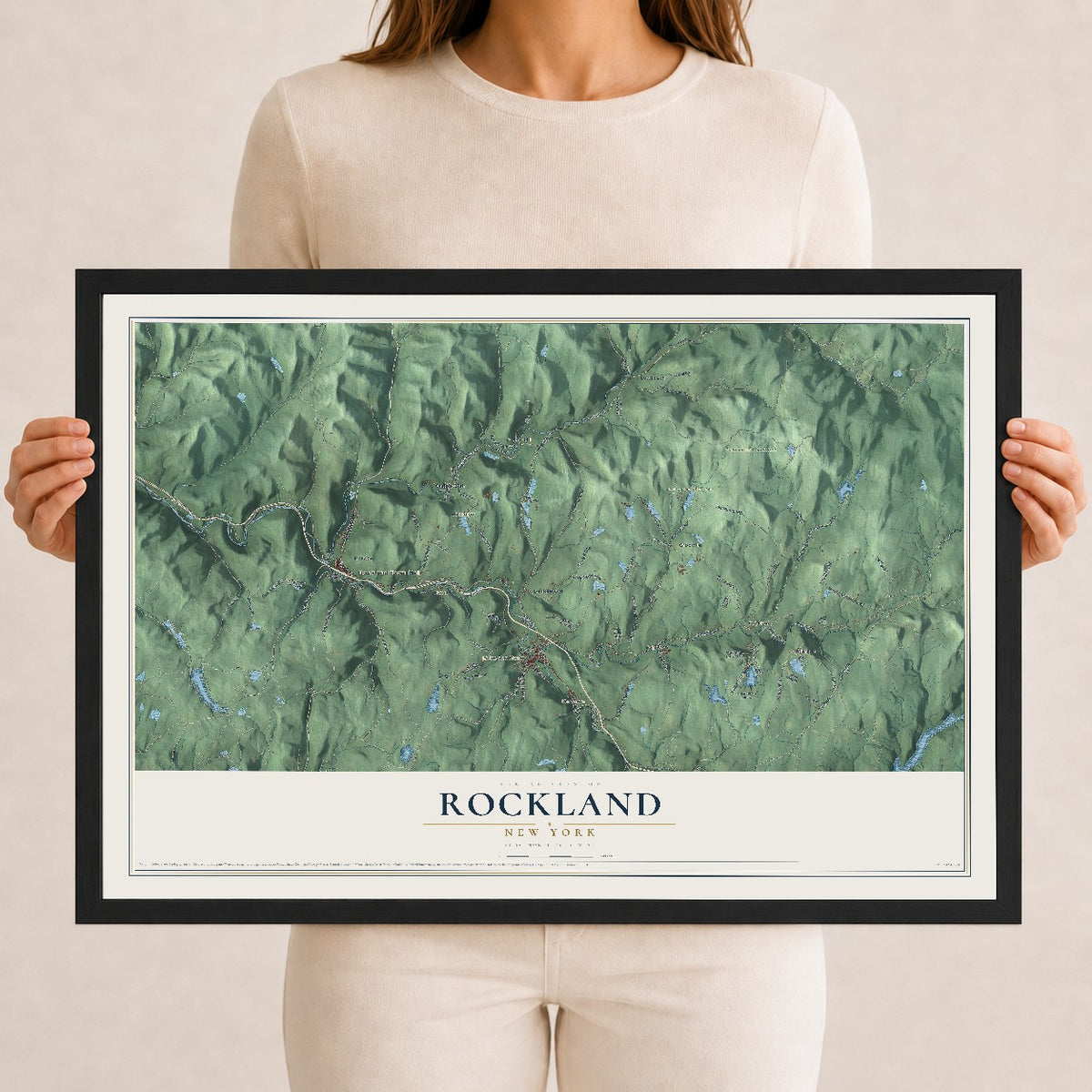 Rockland, New York map print, 12" x 18" W/ Black Ayous Wood Frame mockup