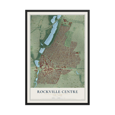 Map of Rockville Centre, New York, 12 x 18 inch print in a black wood frame