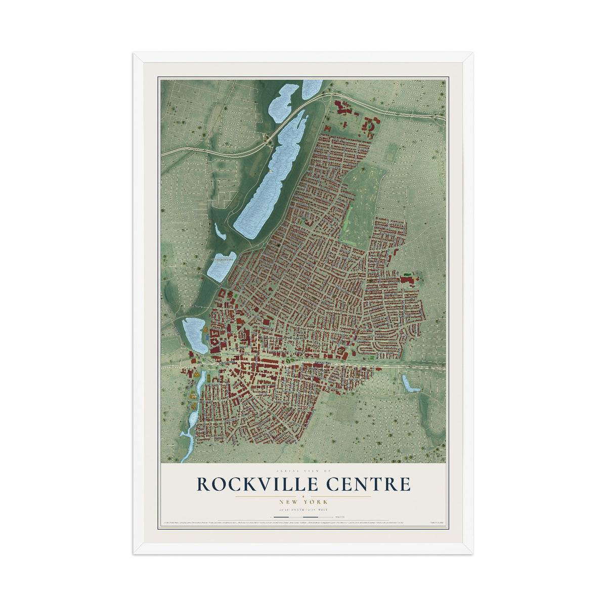 Map of Rockville Centre, New York, 12 x 18 inch print in a white wood frame