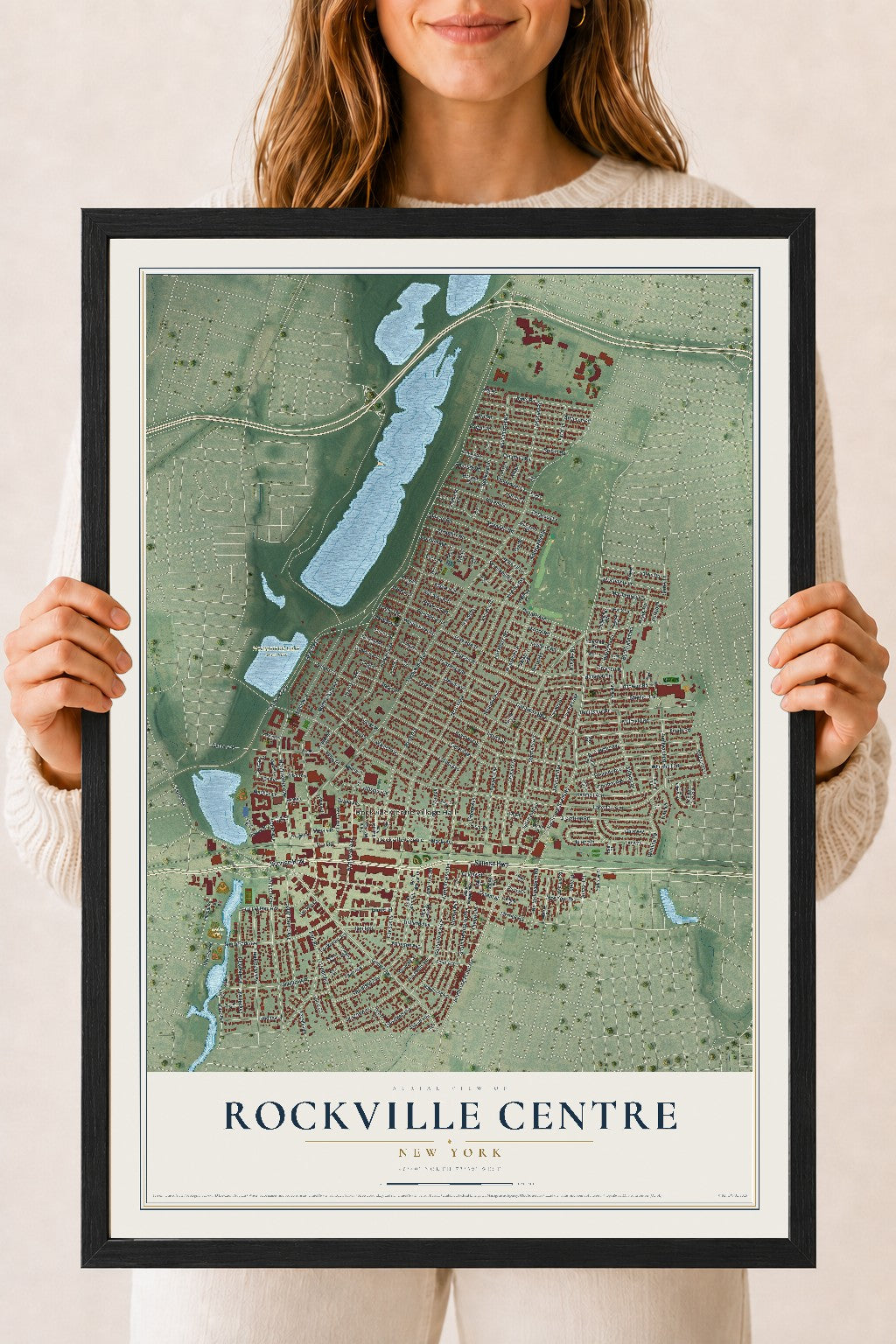 Map of Rockville Centre, New York, 18 x 24 inch print in a black wood frame