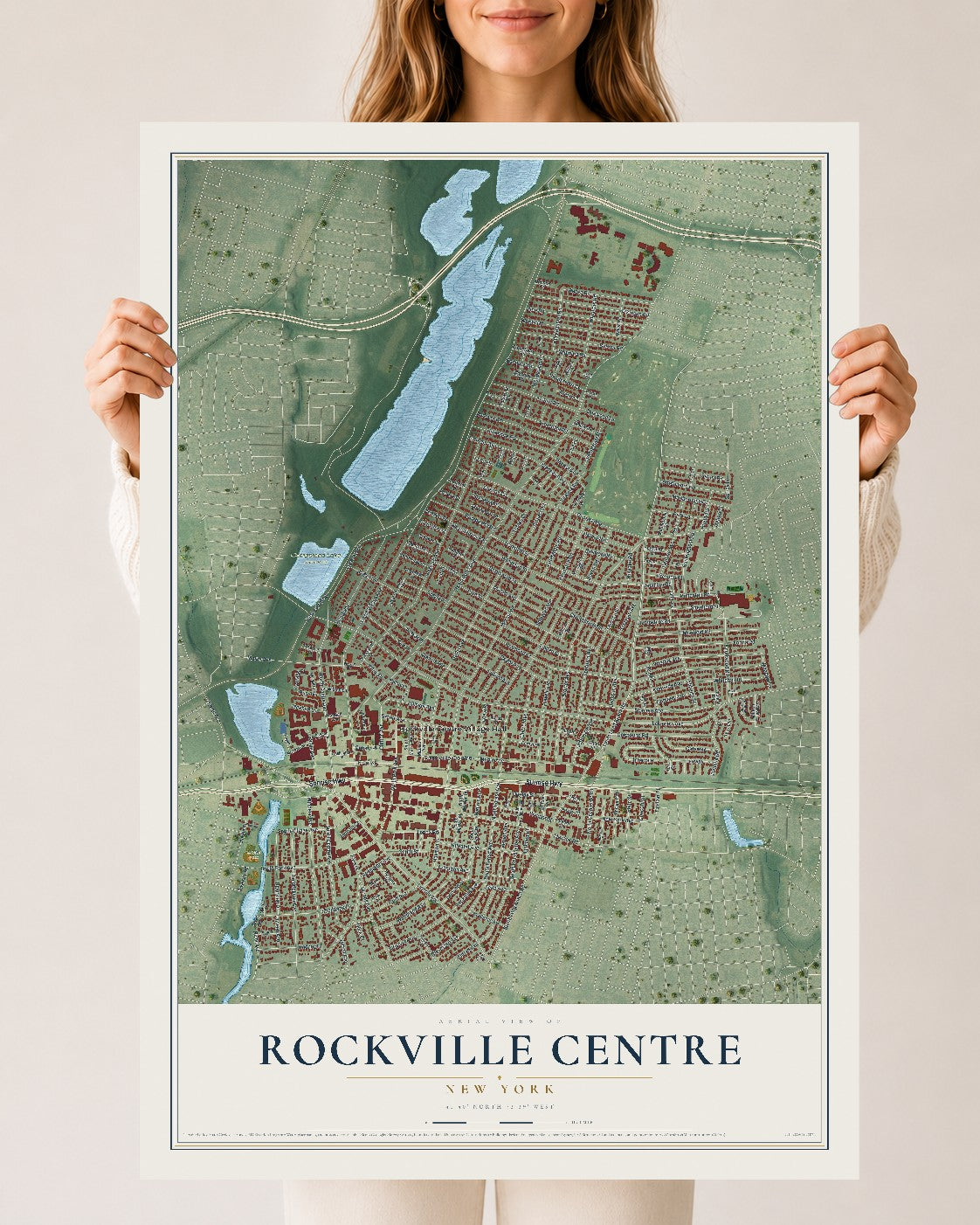Map of Rockville Centre, New York, 24 x 36 inch unframed archival matte print