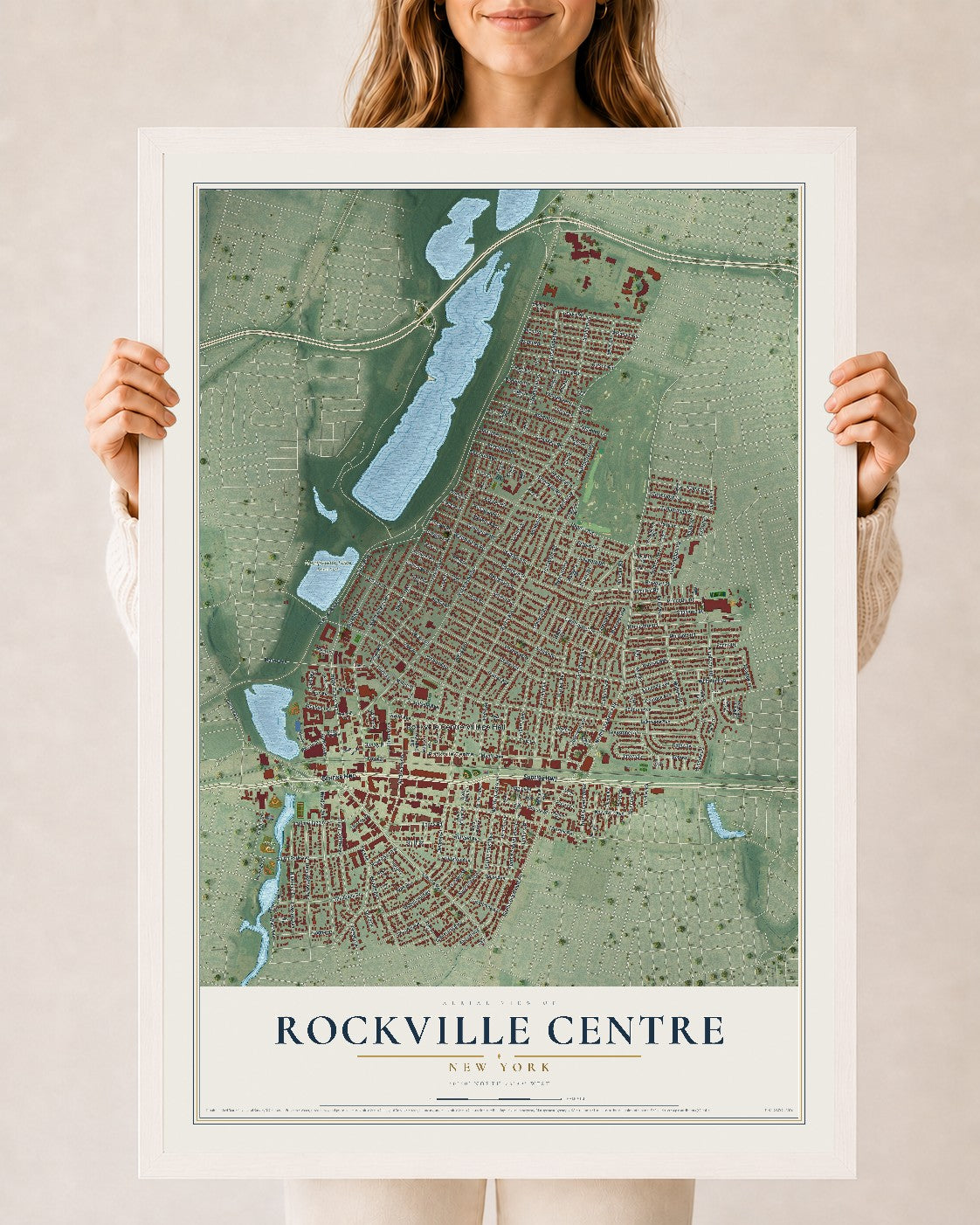 Map of Rockville Centre, New York, 24 x 36 inch print in a white wood frame