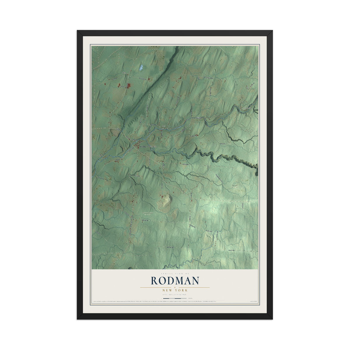Rodman, New York map print, 12" x 18" W/ Black Ayous Wood Frame mockup