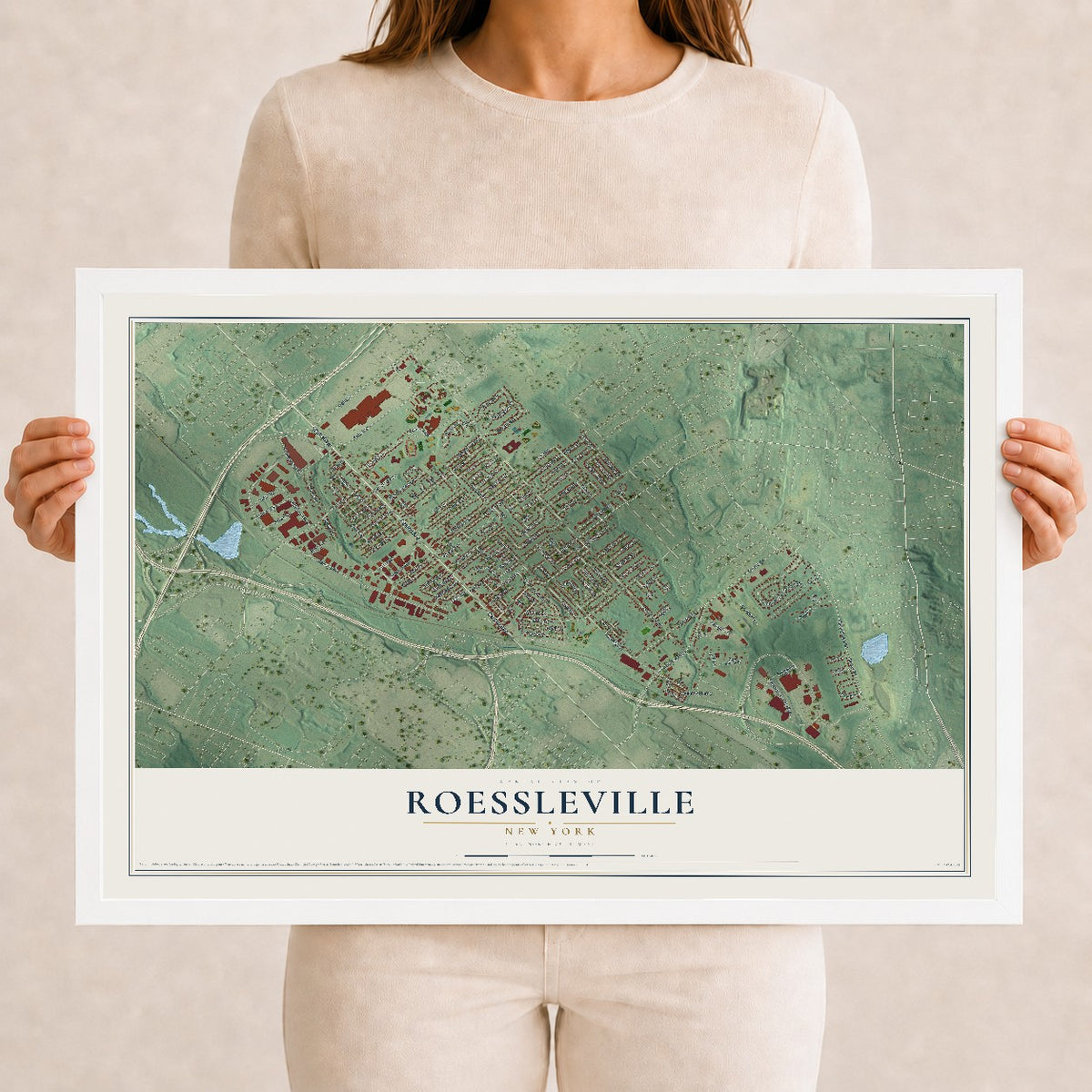 Roessleville, New York map print, 12" x 18" W/ White Ayous Wood Frame mockup