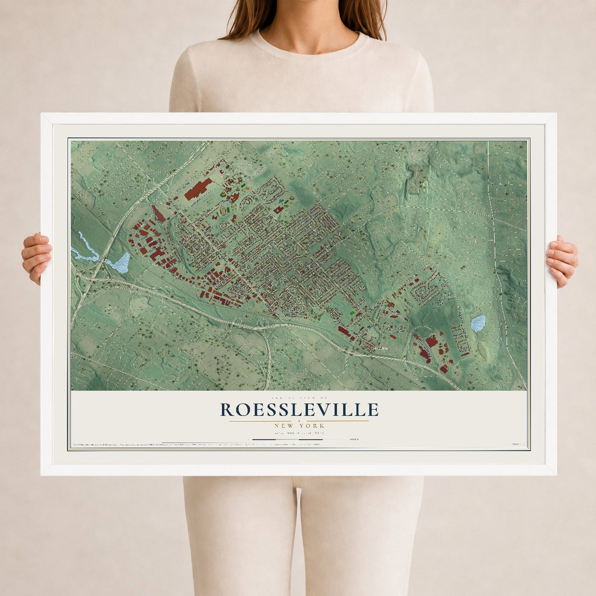 Roessleville, New York map print, 24" x 36" W/ White Ayous Wood Frame mockup