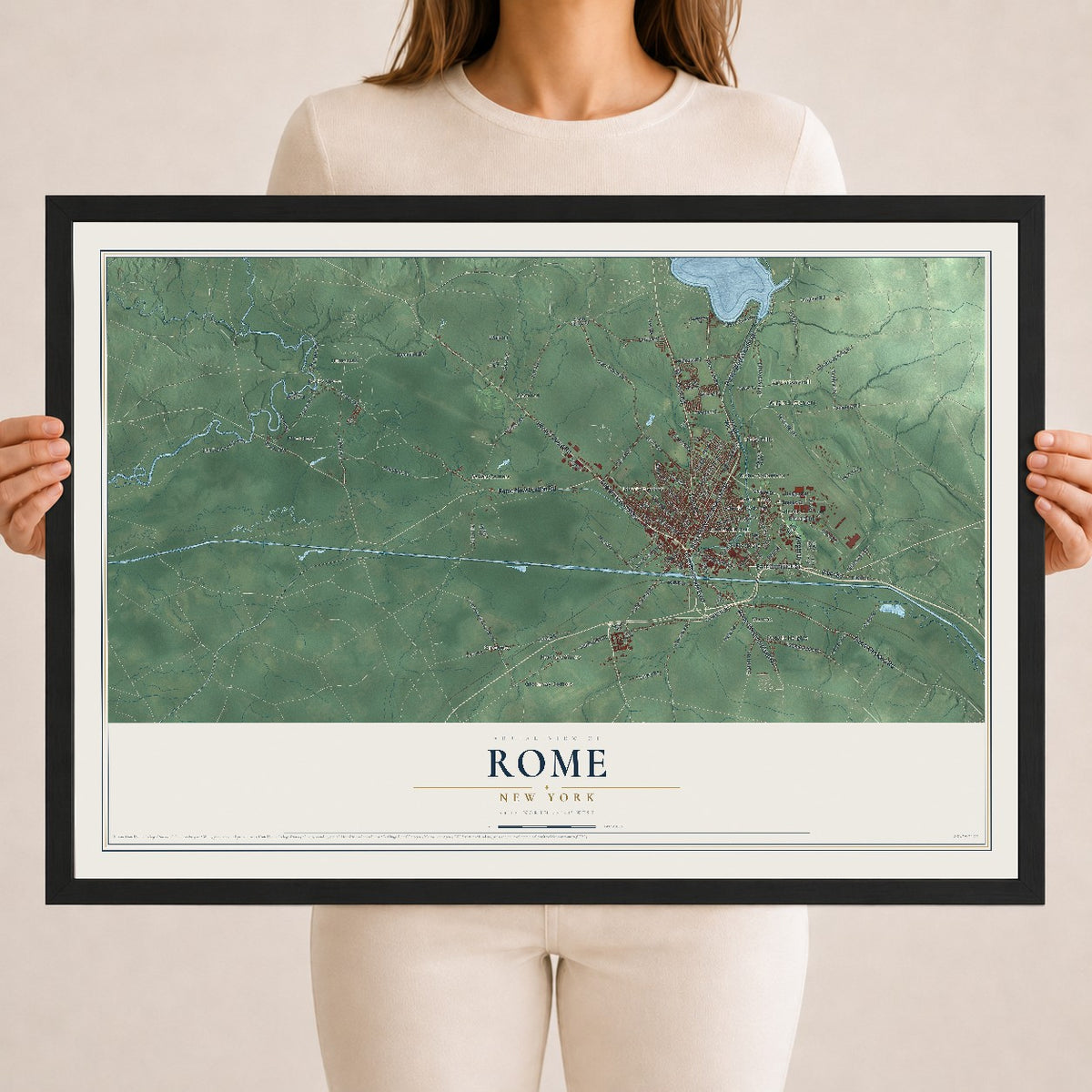 Rome, New York map print, 18" x 24" W/ Black Ayous Wood Frame mockup