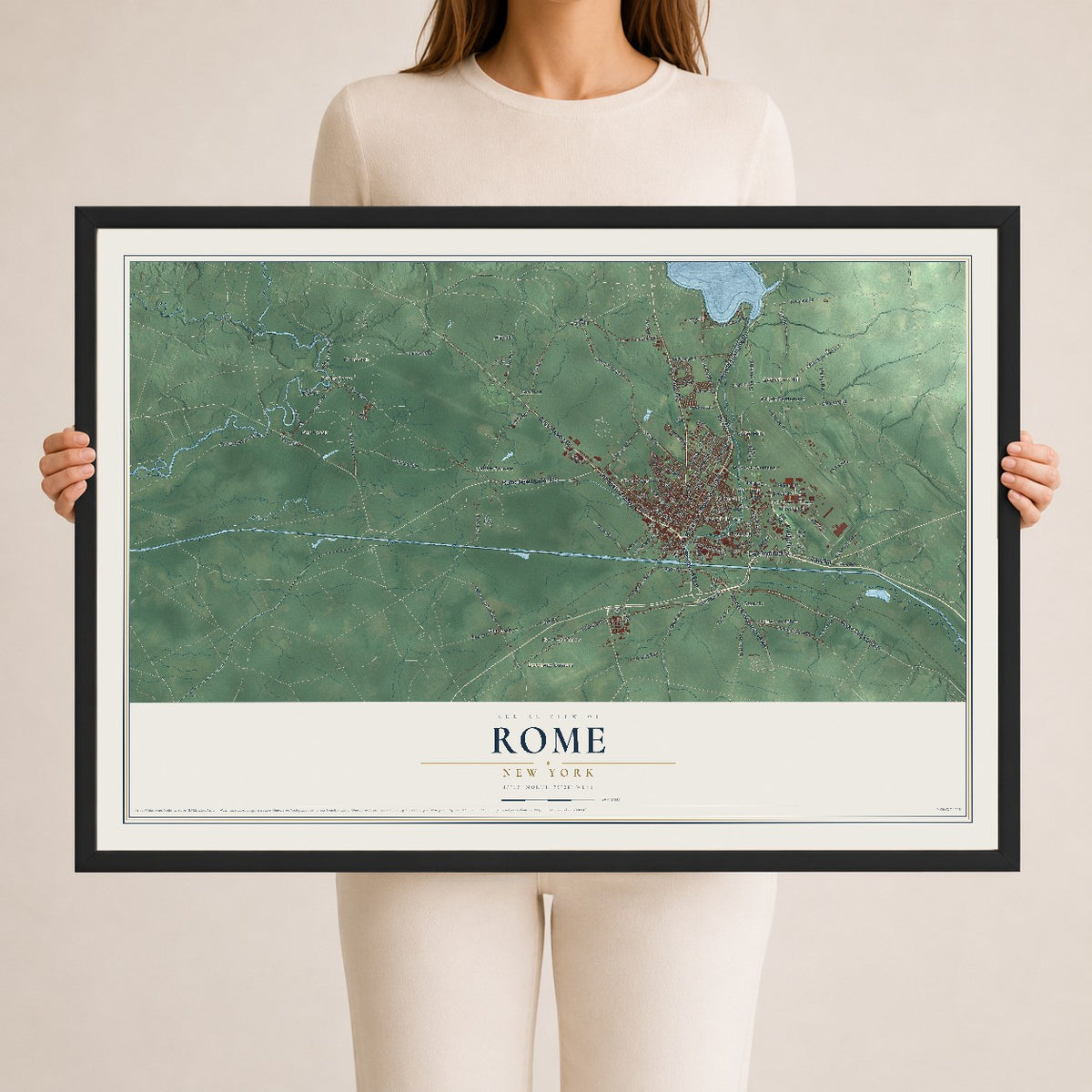 Rome, New York map print, 24" x 36" W/ Black Ayous Wood Frame mockup