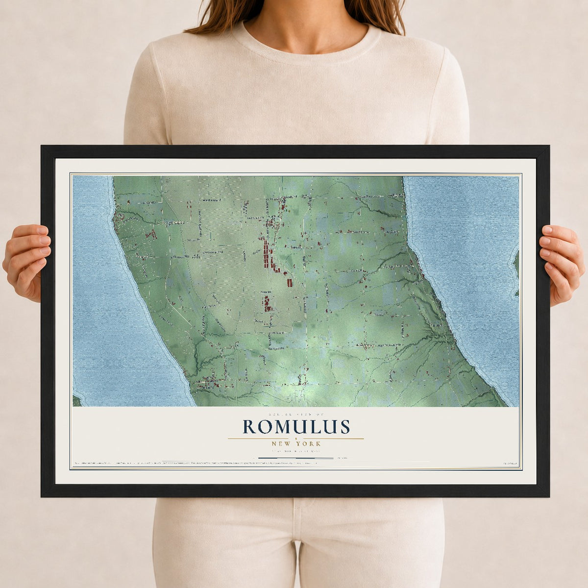 Romulus, New York map print, 12" x 18" W/ Black Ayous Wood Frame mockup