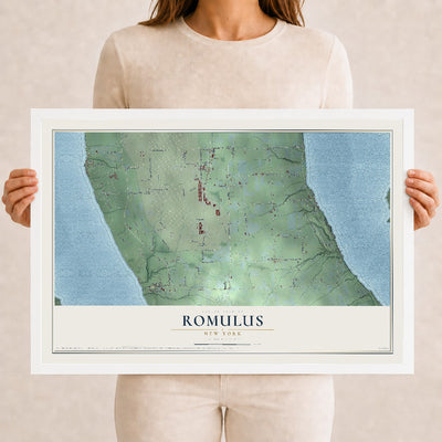 Romulus, New York map print, 12" x 18" W/ White Ayous Wood Frame mockup