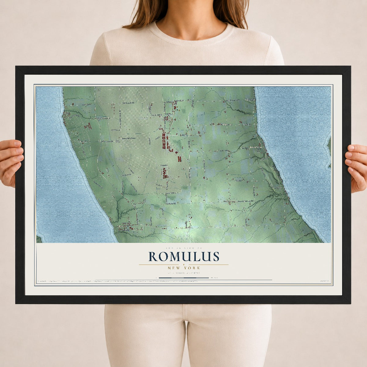 Romulus, New York map print, 18" x 24" W/ Black Ayous Wood Frame mockup