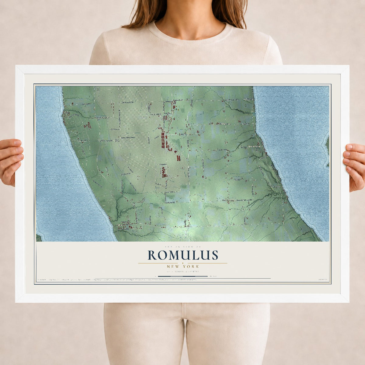 Romulus, New York map print, 18" x 24" W/ White Ayous Wood Frame mockup