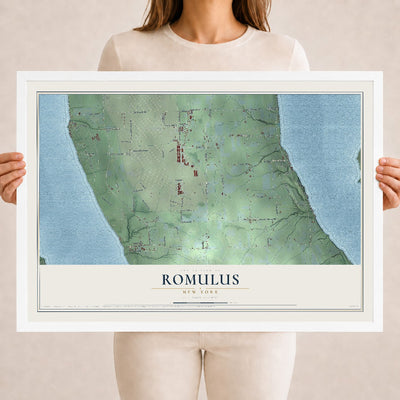 Romulus, New York map print, 18" x 24" W/ White Ayous Wood Frame mockup