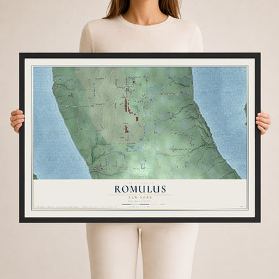 Romulus, New York map print, 24" x 36" W/ Black Ayous Wood Frame mockup