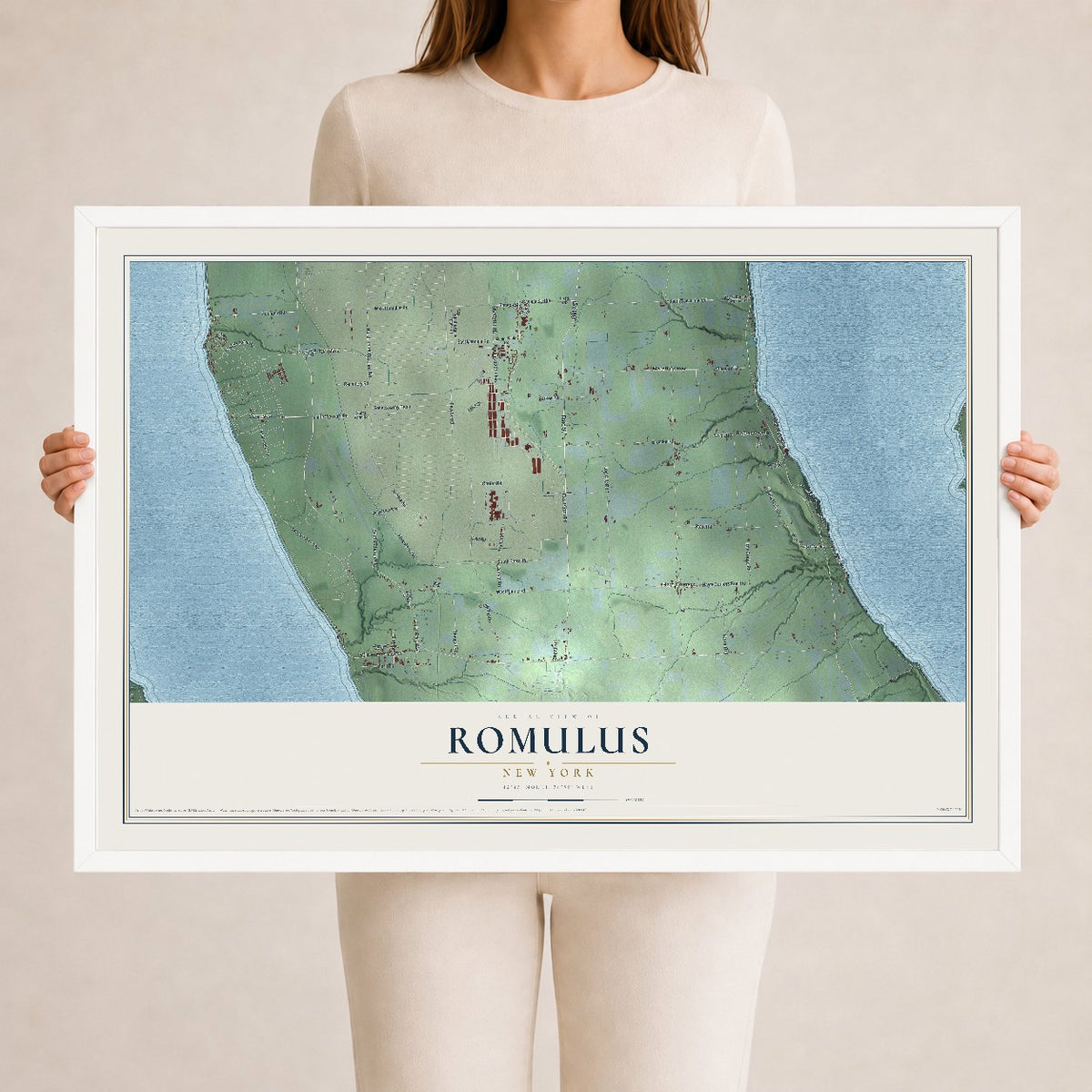 Romulus, New York map print, 24" x 36" W/ White Ayous Wood Frame mockup