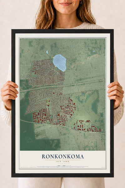 Ronkonkoma, New York map print, 18" x 24" W/ Black Ayous Wood Frame mockup