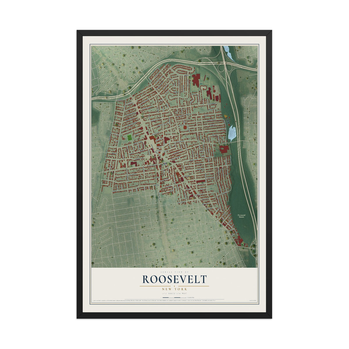 Roosevelt, New York map print, 12" x 18" W/ Black Ayous Wood Frame mockup