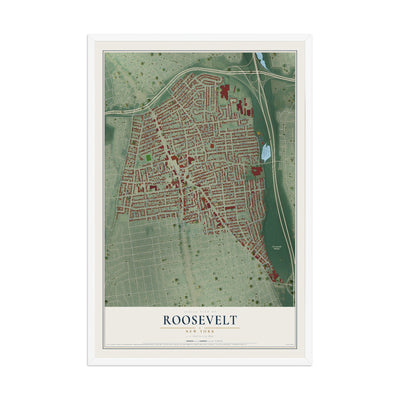 Roosevelt, New York map print, 12" x 18" W/ White Ayous Wood Frame mockup