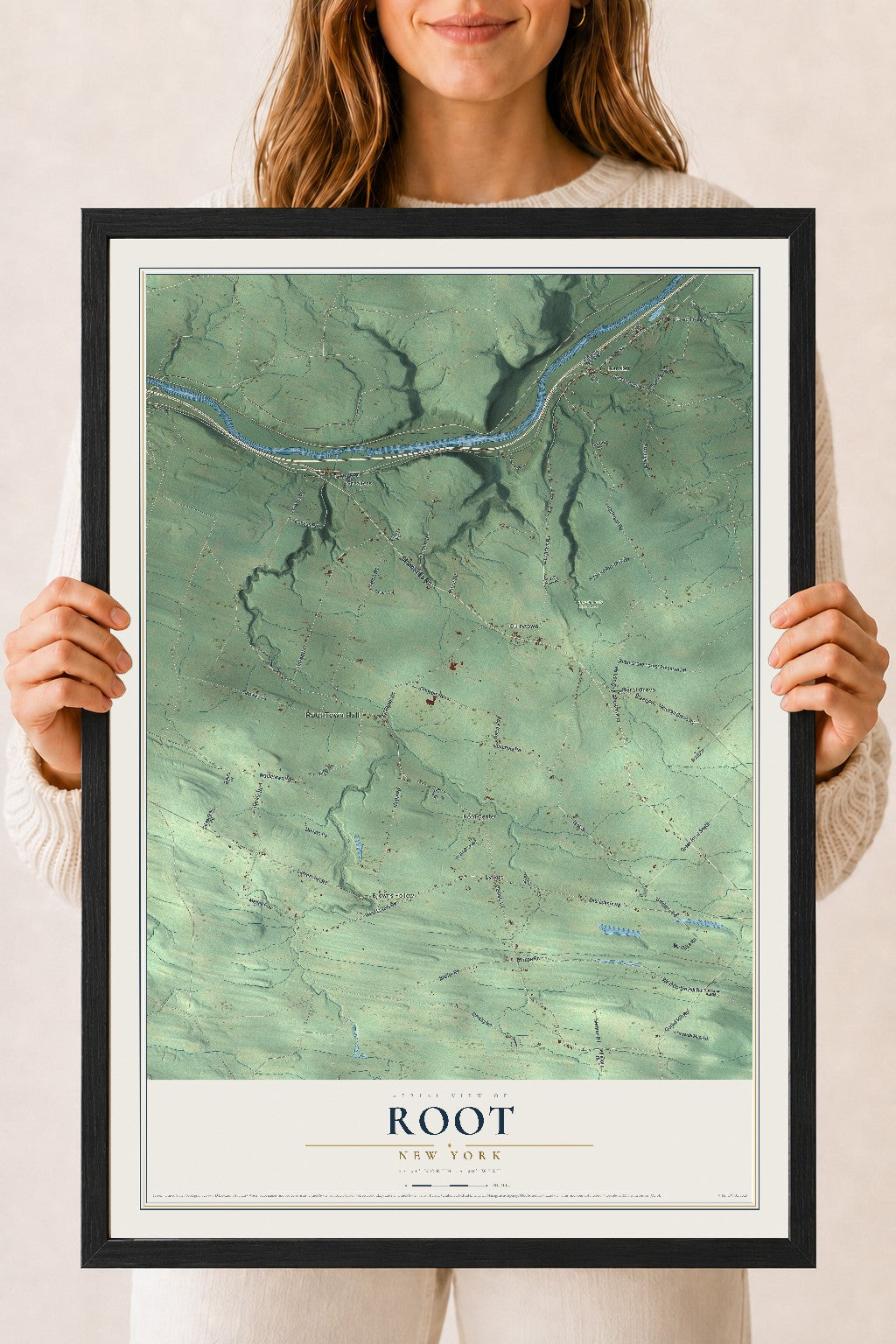 Root, New York map print, 18" x 24" W/ Black Ayous Wood Frame mockup