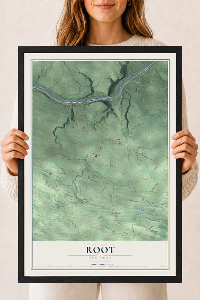 Root, New York map print, 18" x 24" W/ Black Ayous Wood Frame mockup