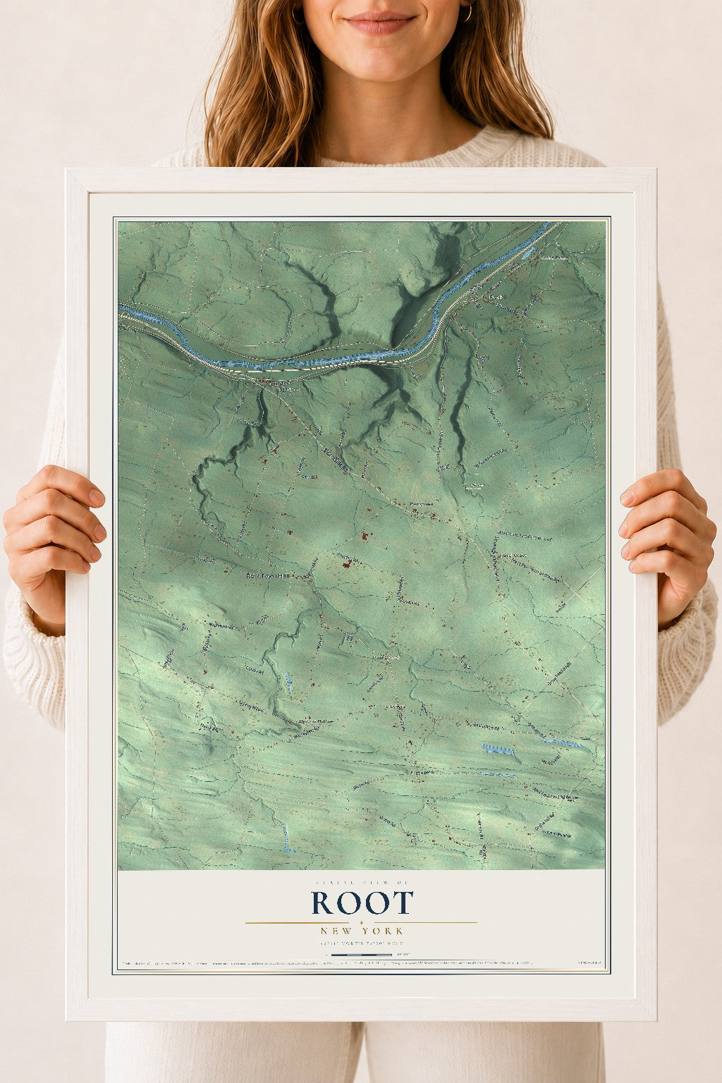 Root, New York map print, 18" x 24" W/ White Ayous Wood Frame mockup