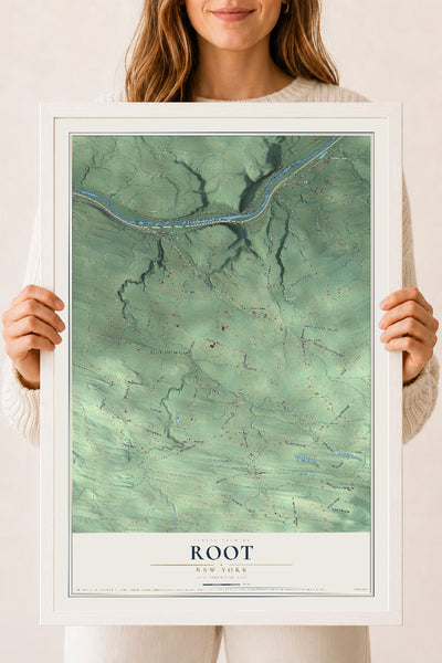 Root, New York map print, 18" x 24" W/ White Ayous Wood Frame mockup