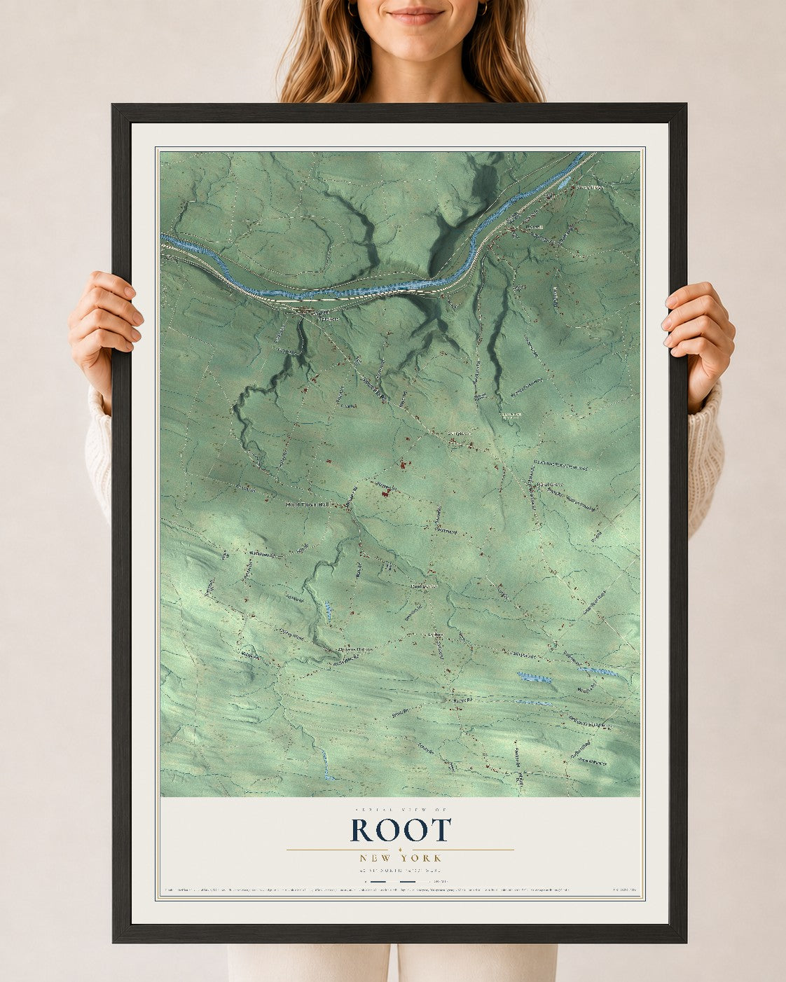 Root, New York map print, 24" x 36" W/ Black Ayous Wood Frame mockup