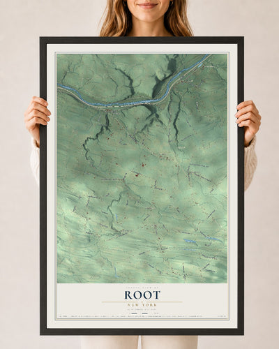 Root, New York map print, 24" x 36" W/ Black Ayous Wood Frame mockup