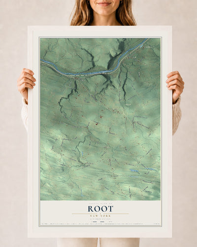 Root, New York map print, 24" x 36" W/ White Ayous Wood Frame mockup