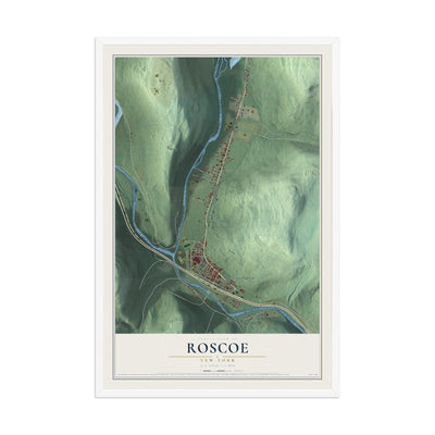 Roscoe, New York map print, 12" x 18" W/ White Ayous Wood Frame mockup