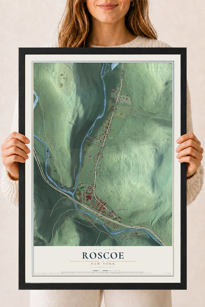 Roscoe, New York map print, 18" x 24" W/ Black Ayous Wood Frame mockup