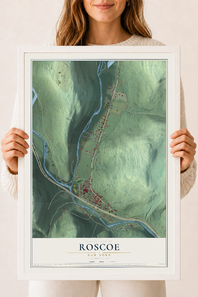 Roscoe, New York map print, 18" x 24" W/ White Ayous Wood Frame mockup