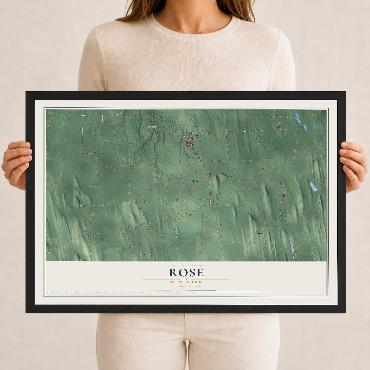 Rose, New York map print, 12" x 18" W/ Black Ayous Wood Frame mockup