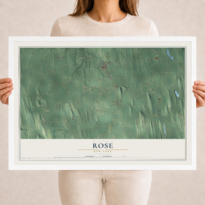 Rose, New York map print, 18" x 24" W/ White Ayous Wood Frame mockup