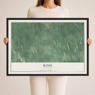 Rose, New York map print, 24" x 36" W/ Black Ayous Wood Frame mockup