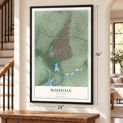 Rosedale, New York map, 24 x 36 inch print in a black frame by a staircase