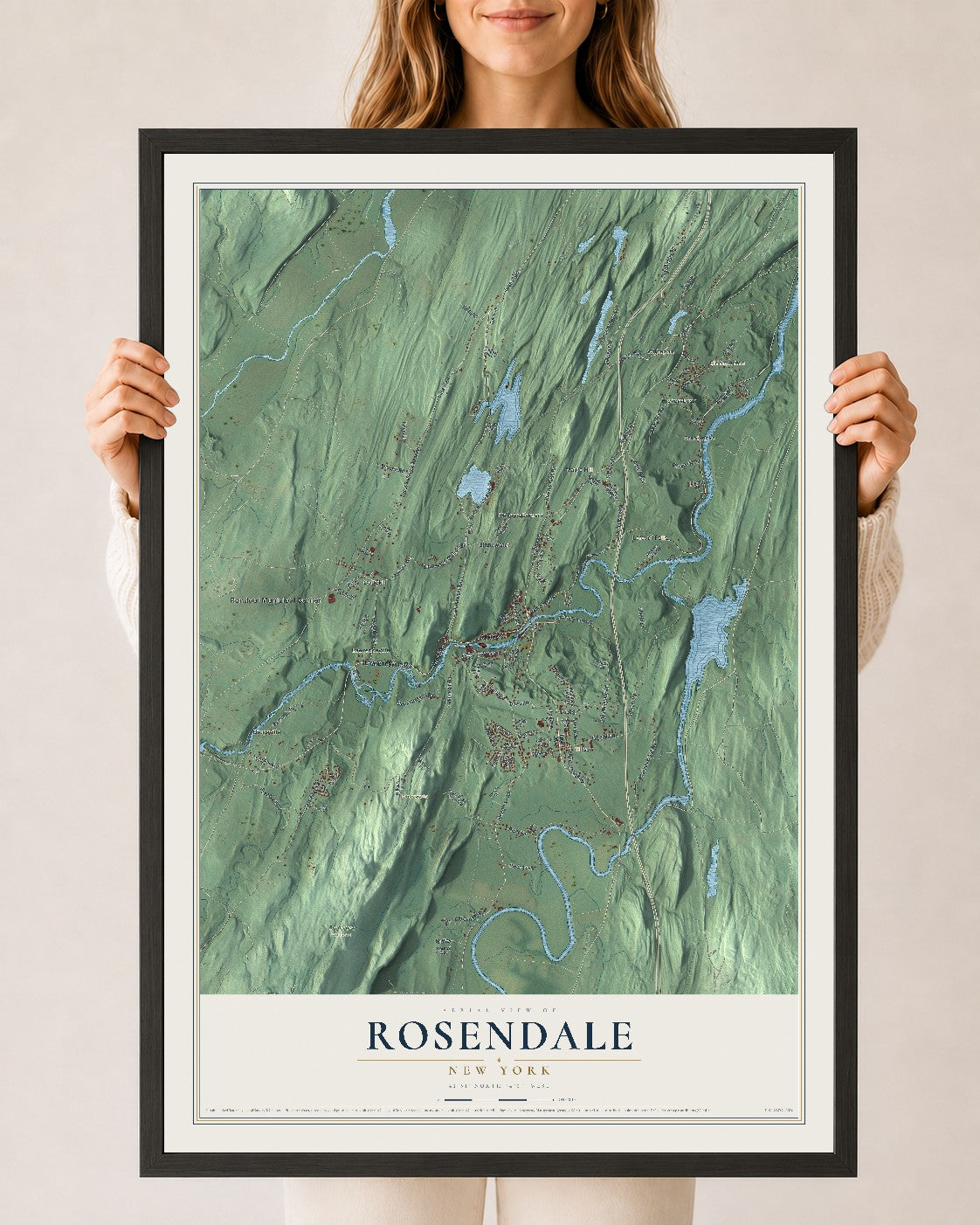Rosendale, New York map print, 24" x 36" W/ Black Ayous Wood Frame mockup